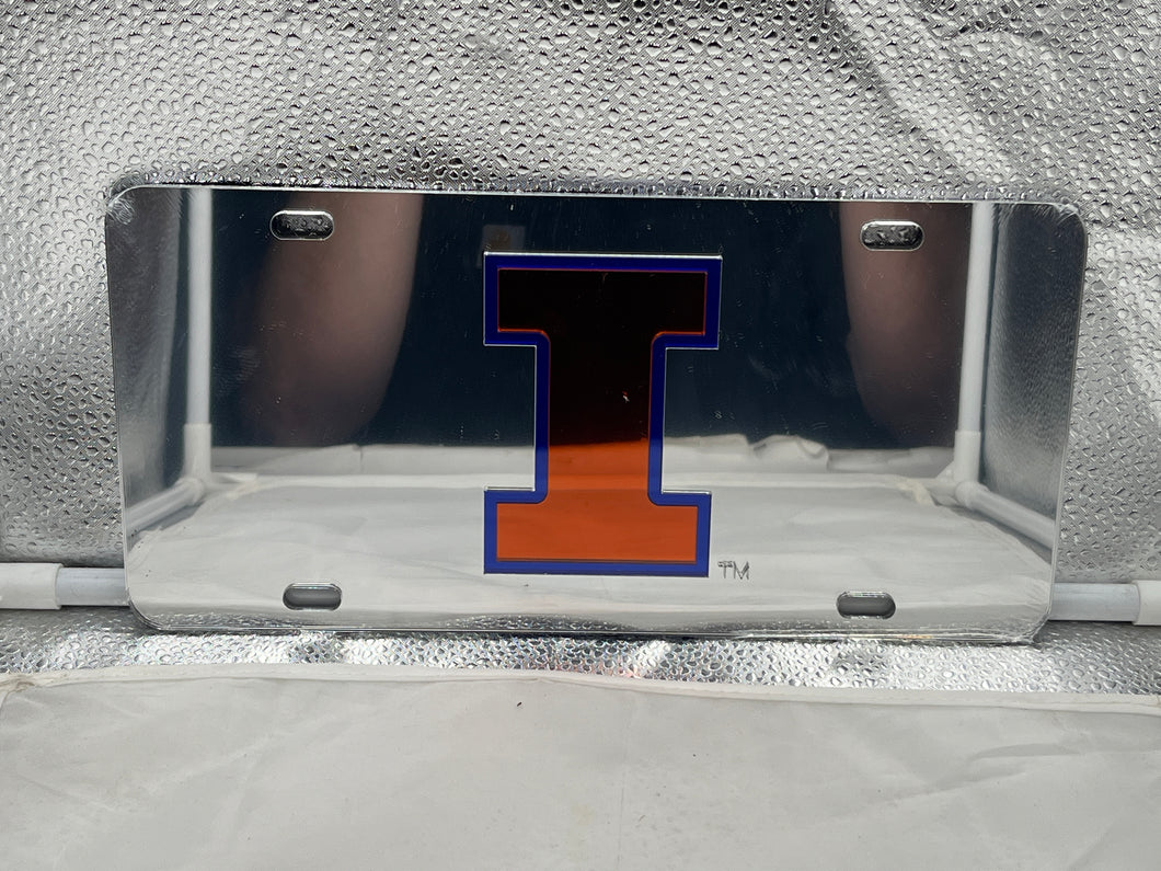 Illinois Fighting Illini NCAA Silver Mirrored Laser Cut License Plate Craftique