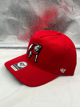 Load image into Gallery viewer, Close-up view of the Georgia Bulldogs NCAA &#39;47 Brand Throwback Red Hitch Adjustable Snapback Hat showcasing the embroidered team logo.

