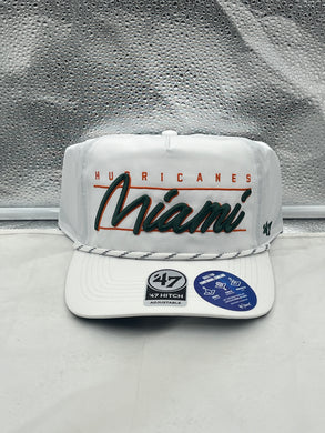Miami Hurricanes NCAA '47 Brand White Script Hitch Rope Adjustable Snapback Hat showcasing the iconic script logo on a clean white background.