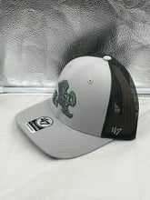 Load image into Gallery viewer, Close-up view of the Notre Dame Fighting Irish NCAA &#39;47 Brand Gray Adjustable Trucker Snapback Hat&#39;s embroidered logo.
