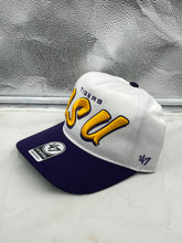 Load image into Gallery viewer, Close-up view of the LSU Tigers NCAA &#39;47 Brand White Two Tone Script Hitch Adjustable Snapback Hat highlighting the bold script logo and high-quality materials.
