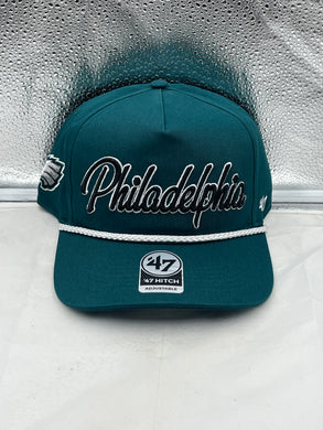 Philadelphia Eagles NFL '47 Brand Green Script Hitch Snapback Adjustable Hat showcasing vibrant green color and script design.