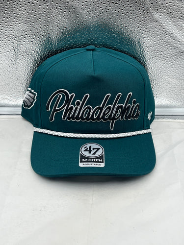 Philadelphia Eagles NFL '47 Brand Green Script Hitch Snapback Adjustable Hat showcasing vibrant green color and script design.