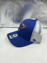 Load image into Gallery viewer, St Louis Blues NHL &#39;47 Brand Throwback Blue Trucker Adjustable Snapback Hat with a vibrant blue design and team logo.
