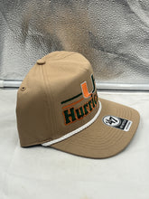 Load image into Gallery viewer, Miami Hurricanes NCAA &#39;47 Brand Khaki Hitch Rope Adjustable Snapback Hat front view showcasing the stylish rope accent and logo.
