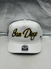 Load image into Gallery viewer, San Diego Padres MLB &#39;47 Brand White Script Rope Hitch Adjustable Snapback Hat, featuring a stylish white design perfect for fans looking for a trendy San Diego Padres hat.
