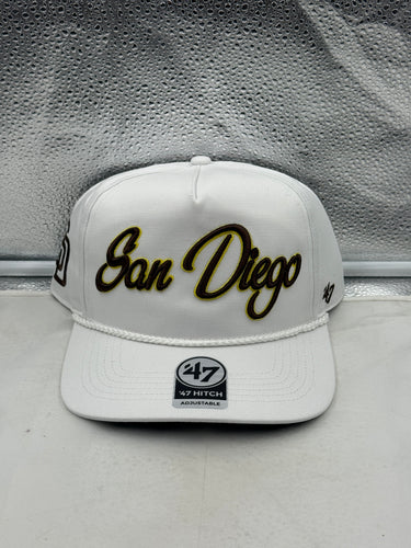 San Diego Padres MLB '47 Brand White Script Rope Hitch Adjustable Snapback Hat, featuring a stylish white design perfect for fans looking for a trendy San Diego Padres hat.