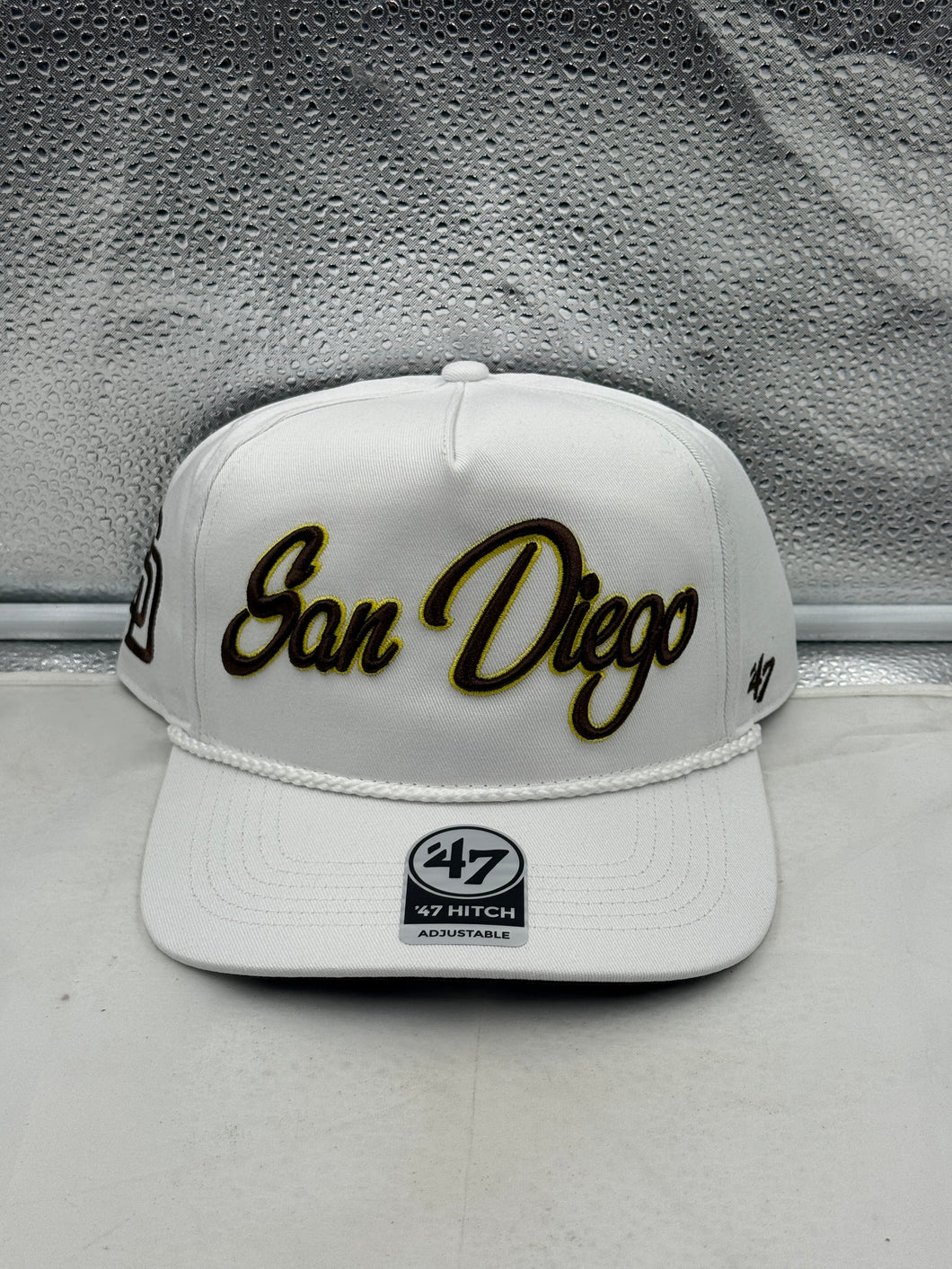 San Diego Padres MLB '47 Brand White Script Rope Hitch Adjustable Snapback Hat, featuring a stylish white design perfect for fans looking for a trendy San Diego Padres hat.