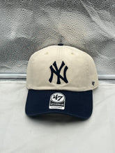 Load image into Gallery viewer, New York Yankees MLB &#39;47 Brand Natural Two Tone Clean Up Adjustable Hat showcasing front view with classic Yankees logo.
