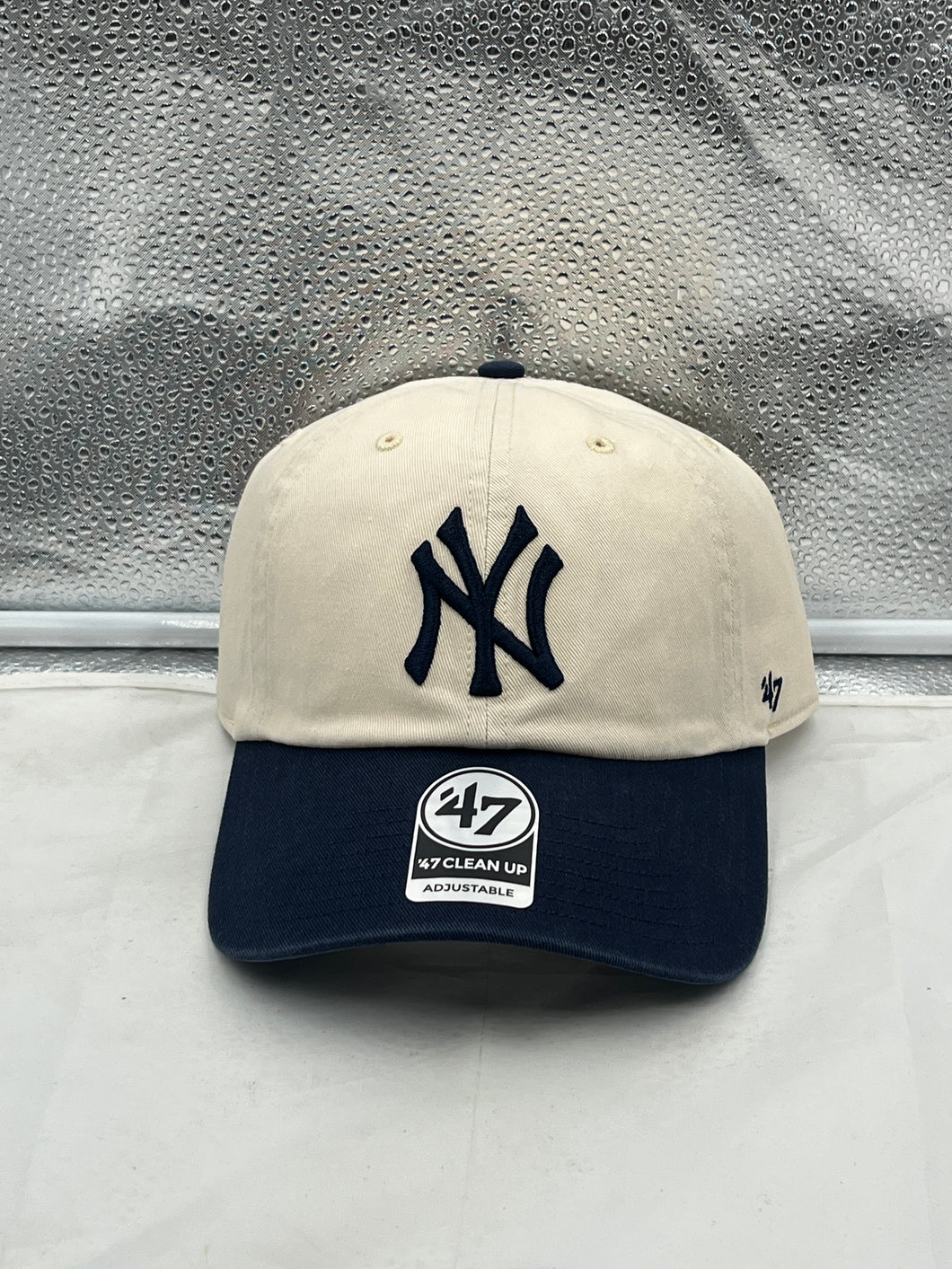 New York Yankees MLB '47 Brand Natural Two Tone Clean Up Adjustable Hat showcasing front view with classic Yankees logo.