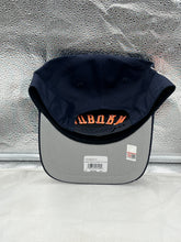 Load image into Gallery viewer, Side view of Auburn Tigers NCAA &#39;47 Brand Navy Reversed Hitch Script Adjustable Snapback Hat highlighting the script design.
