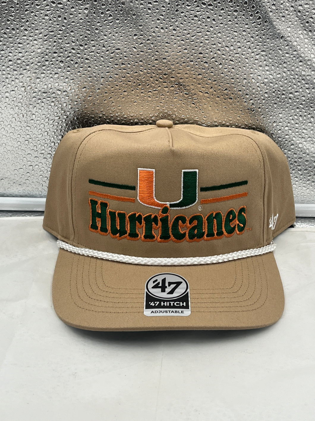 Miami Hurricanes NCAA '47 Brand Khaki Hitch Rope Adjustable Snapback Hat front view showcasing team logo and stylish design.