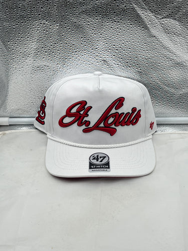 St Louis Cardinals MLB '47 Brand White Script Rope Hitch Adjustable Snapback Hat showcasing iconic Cardinals logo and elegant design, perfect for fans.