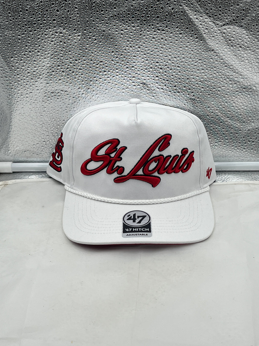 St Louis Cardinals MLB '47 Brand White Script Rope Hitch Adjustable Snapback Hat showcasing iconic Cardinals logo and elegant design, perfect for fans.