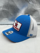 Load image into Gallery viewer, Back view of Ole Miss Rebels NCAA &#39;47 Brand Blue Trucker Mesh Adjustable Snapback Hat highlighting breathable mesh design and adjustable snapback closure.
