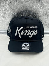 Load image into Gallery viewer, Los Angeles Kings NHL &#39;47 Brand Black Script Hitch Rope Adjustable Snapback Hat displayed front view showcasing the stylish black script logo.
