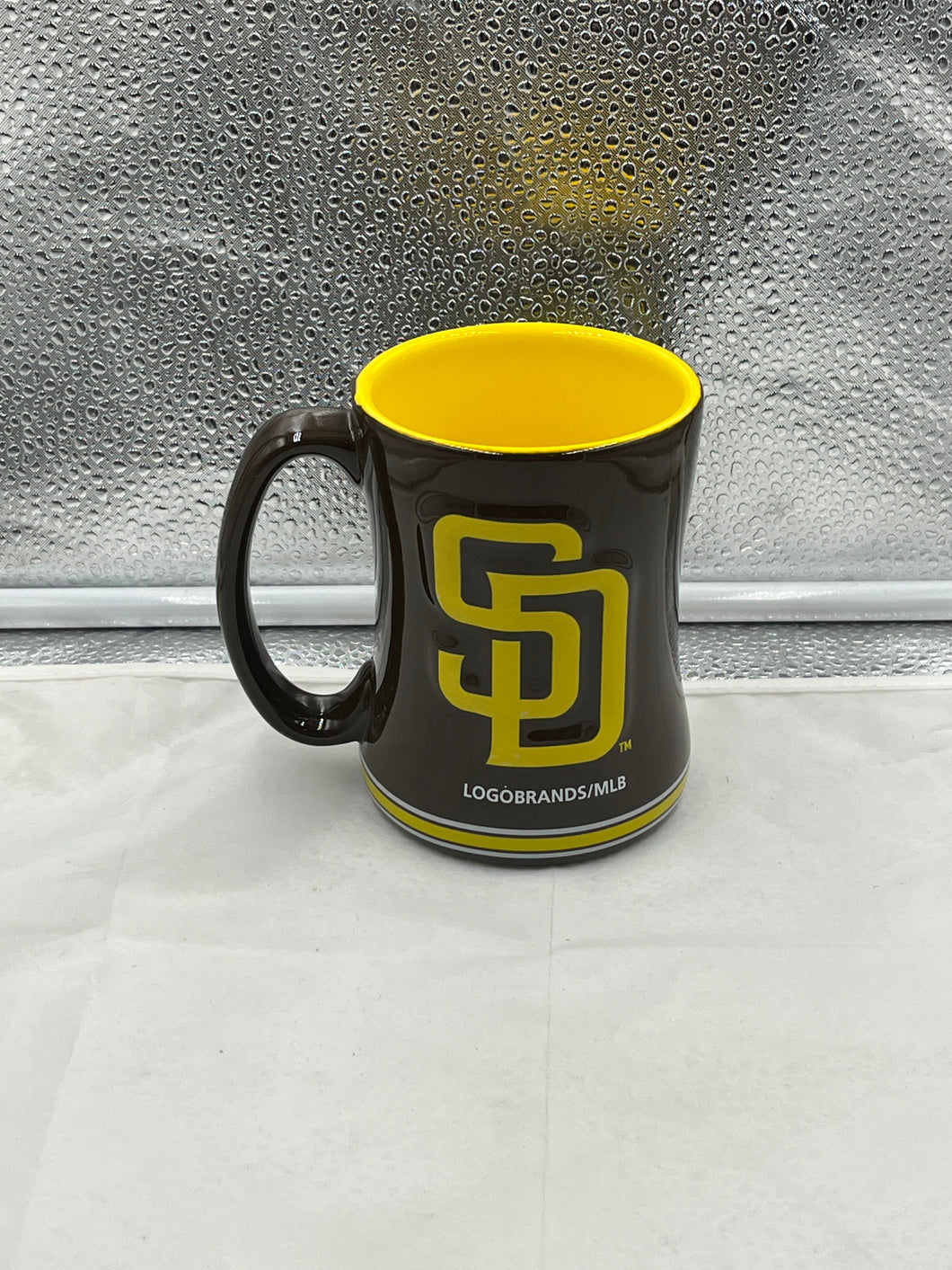 San Diego Padres MLB 14oz Coffee Mug Cup featuring the iconic San Diego Padres logo, perfect for fans enjoying their favorite beverages.