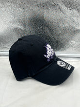 Load image into Gallery viewer, TCU Horned Frogs NCAA &#39;47 Brand Black Clean Up Adjustable Strapback Hat displayed from the front showcasing its adjustable strap and classic design.
