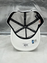 Load image into Gallery viewer, Close-up view of the Miami Hurricanes NCAA &#39;47 White Reversed Hitch Script Adjustable Snapback Hat showcasing its adjustable snapback feature and eye-catching reversed hitch script.

