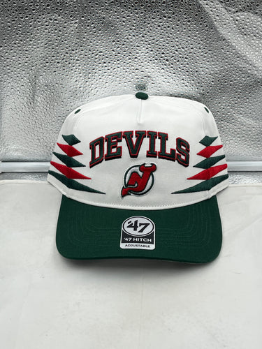 New Jersey Devils NHL '47 Brand White Diamond Hitch Adjustable Snapback Hat showcasing its sleek design and adjustable fit, perfect for fans of the team.