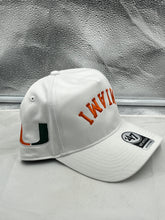Load image into Gallery viewer, Miami Hurricanes NCAA &#39;47 White Reversed Hitch Script Adjustable Snapback Hat displaying stylish design and prominent team logo.
