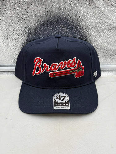 Atlanta Braves MLB '47 Brand Navy Hitch Adjustable Snapback Hat - Front View, showcasing the logo and design of the Atlanta Braves hat.