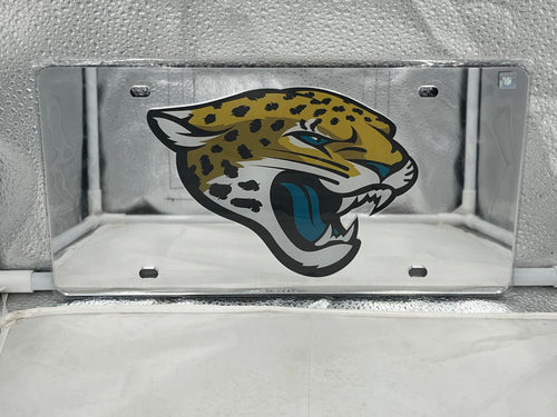 Jacksonville Jaguars NFL Silver Reflective Lasercut License Plate by WinCraft showcasing the team's logo in a stunning reflective design.