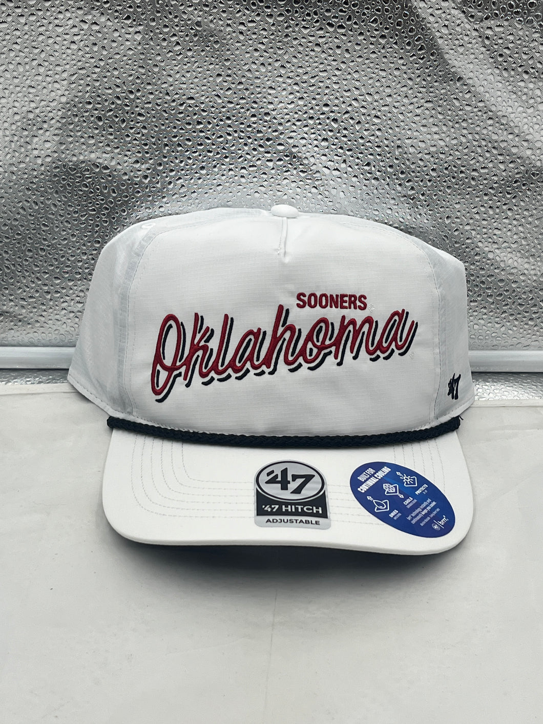 Oklahoma Sooners NCAA '47 Brand White Script Hitch Rope Adjustable Snapback Hat, featuring a stylish white design with bold script logo and adjustable strap for a comfortable fit.