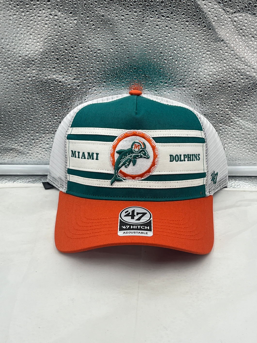 Miami Dolphins NFL '47 Throwback Teal TT Hitch Mesh Snapback Adjustable Hat front view showcasing vibrant teal color and throwback design.