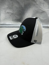 Load image into Gallery viewer, Close-up of the Tulane Green Wave NCAA &#39;47 Brand Black Trucker Mesh Adjustable Snapback Hat, showcasing the iconic logo and breathable mesh back for comfort.
