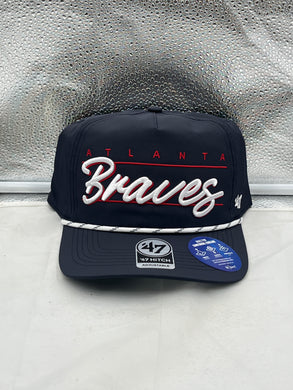 Atlanta Braves MLB '47 Brand Navy Blue Script Hitch Rope Adjustable Snapback Hat featuring stylish navy blue design, scripted Braves logo, and adjustable snapback closure for comfort.