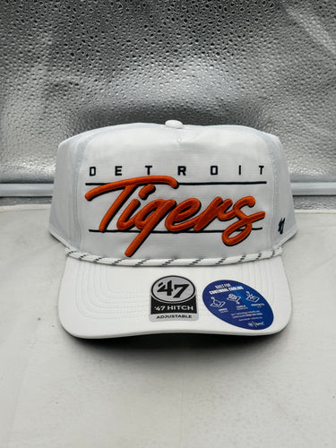 Detroit Tigers MLB 47 Brand White Script Hitch Rope Adjustable Snapback Hat, featuring the iconic Detroit Tigers logo, perfect for fans of the Detroit Tigers hat.