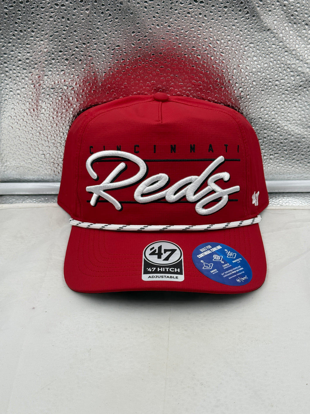 Cincinnati Reds MLB '47 Brand Red Script Hitch Rope Adjustable Snapback Hat showcasing the vibrant red color and stylish design, a must-have Cincinnati Reds hat for fans.
