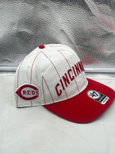 Load image into Gallery viewer, Cincinnati Reds MLB &#39;47 Brand White TT Script Hitch Adjustable Snapback Hat displayed from the front showcasing the stylish script logo.
