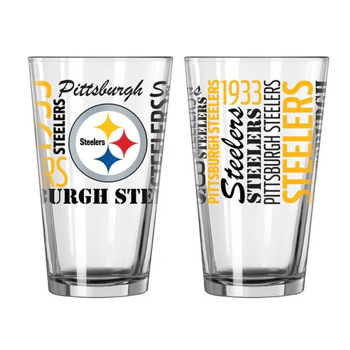 Pittsburgh Steelers NFL Pack of 2 16oz Pint Glass Logo Brands, showcasing the iconic Steelers logo, perfect for game day beverages and fan celebrations.