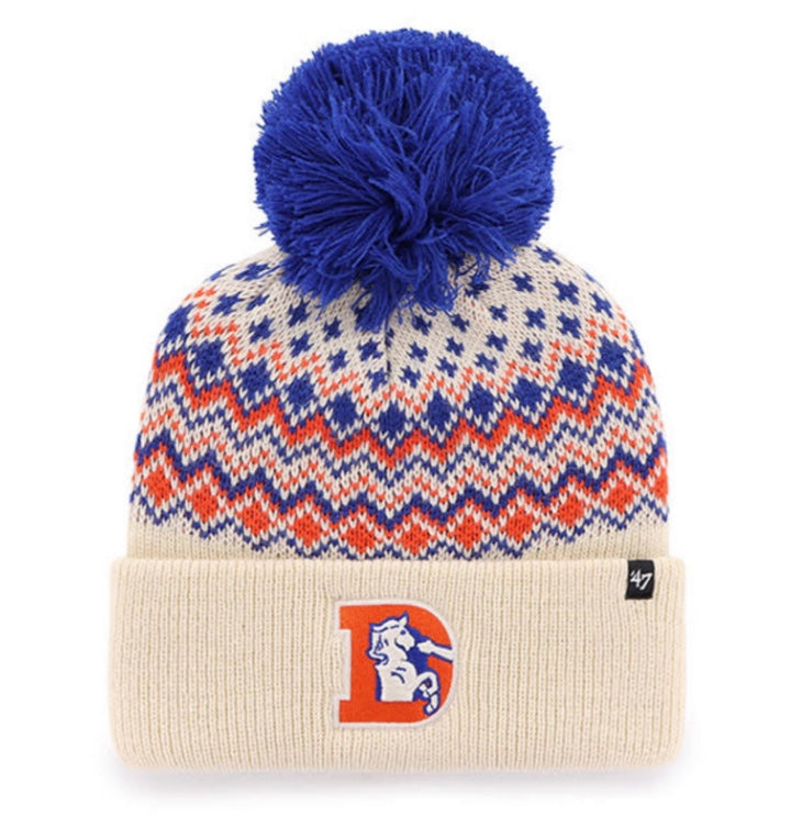 Denver Broncos NFL '47 Brand Throwback Winter Beanie Knit Ski Cap Hat showcasing the team's iconic logo and retro design, perfect for winter outings and game days.
