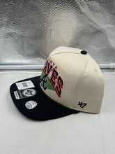 Load image into Gallery viewer, Close-up of the Atlanta Braves MLB '47 Brand Natural Two Tone Rope Hitch Adjustable Snapback Hat, highlighting the prominent Atlanta Braves logo, ideal for any Atlanta Braves hat collection.
