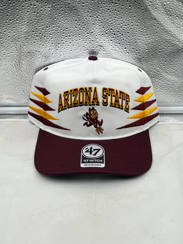 Arizona State Sun Devils NCAA '47 White Diamond Hitch Snapback Adjustable Hat displayed on a neutral background, highlighting its stylish and adjustable design for fans.