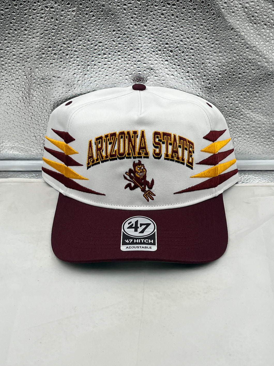 Arizona State Sun Devils NCAA '47 White Diamond Hitch Snapback Adjustable Hat displayed on a neutral background, highlighting its stylish and adjustable design for fans.