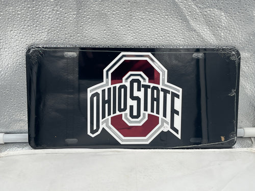 Ohio State Buckeyes NCAA Black Mirrored Laser Cut License Plate by Craftique showcasing the iconic logo in a sleek design
