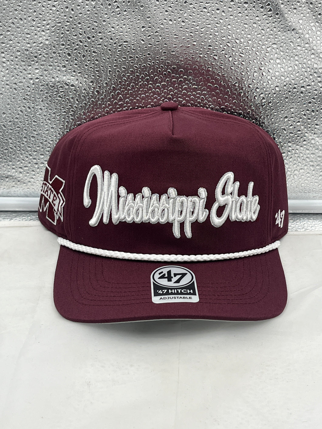 Mississippi State Bulldogs NCAA '47 Maroon Hitch Rope Adjustable Snapback Hat showcasing maroon color with a stylish rope detail, perfect for fans wanting to represent their team.