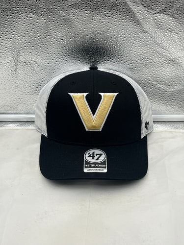 Vanderbilt Commodores NCAA '47 Brand Black Trucker Mesh Adjustable Snapback Hat showcasing team spirit with a stylish design, perfect for game day and outdoor activities.