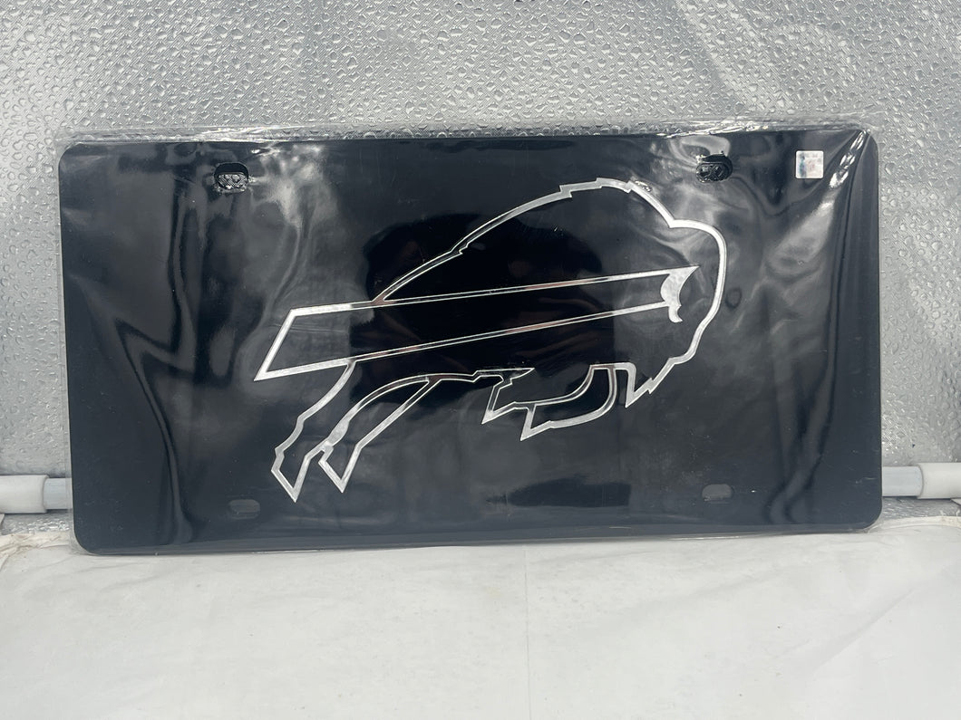 Buffalo Bills NFL Black Acrylic Lasercut License Plate from WinCraft, showcasing the official team logo and stylish design, perfect for fans to display on their vehicles for enhanced team pride.
