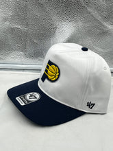 Load image into Gallery viewer, Indiana Pacers NBA &#39;47 Brand White Two Tone Hitch Adjustable Snapback Hat side view highlighting the adjustable snapback feature.
