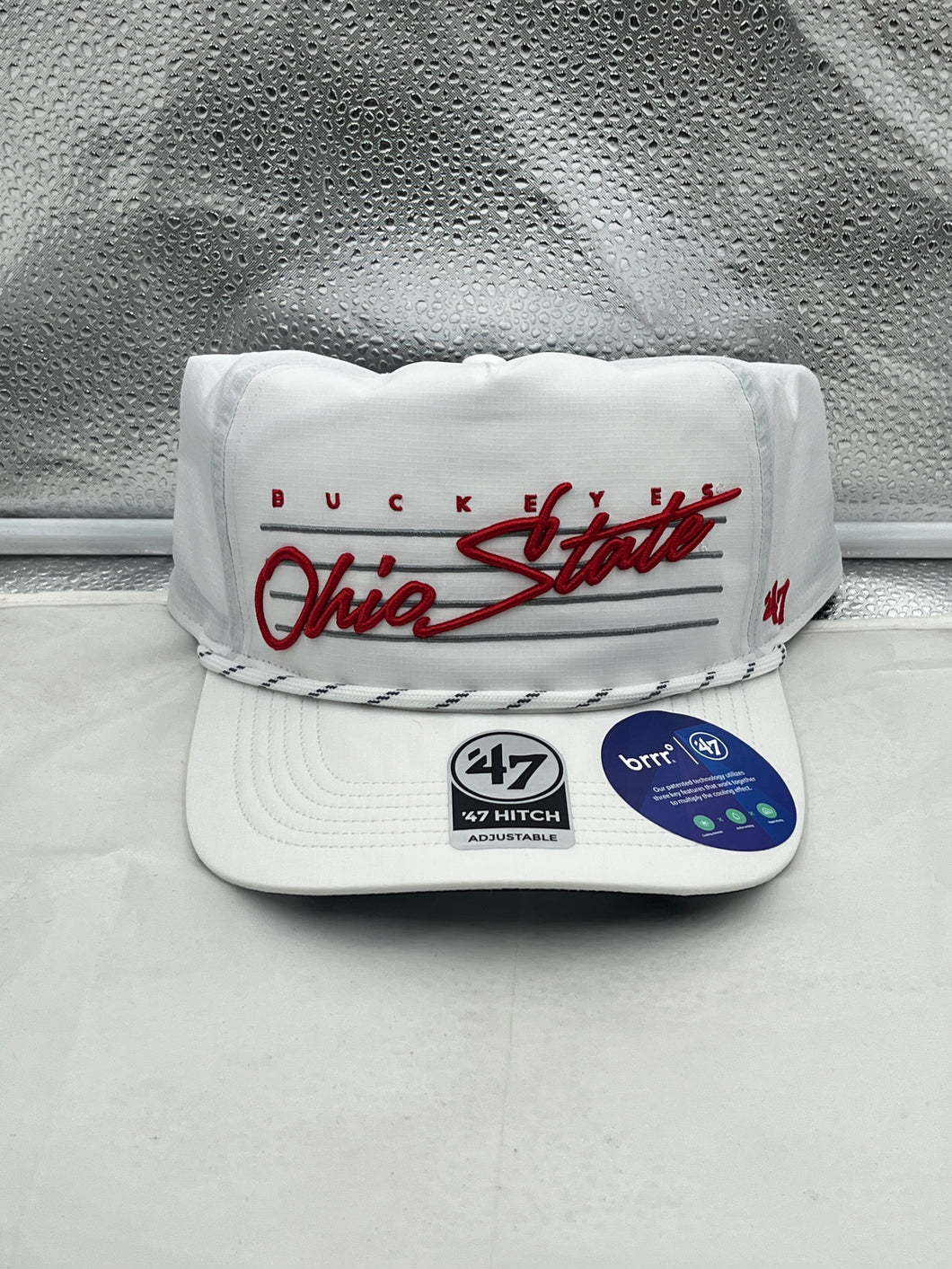 Ohio State Buckeyes NCAA '47 Brand White Script Hitch Adjustable Snapback Hat displayed on a mannequin showcasing its stylish design and adjustable snapback feature.