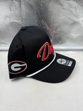 Load image into Gallery viewer, Flat brim style of the Georgia Bulldogs NCAA '47 Brand Script Black Rope Hitch Adjustable Snapback Hat, suitable for game day or casual outings.
