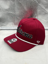 Load image into Gallery viewer, Close-up view of the Arizona Cardinals NFL &#39;47 Brand Red Script Hitch Rope Snapback Adjustable Hat highlighting the stylish script typography.
