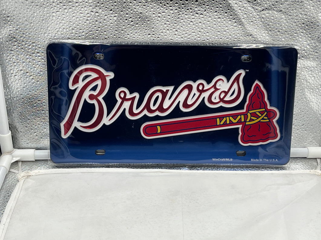 Atlanta Braves MLB Blue Acrylic Lasercut License Plate by WinCraft showcasing vibrant blue colors and detailed lasercut design of the iconic Atlanta Braves logo, perfect for fans to display on their vehicles.