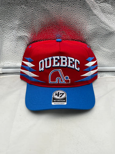 Quebec Nordiques NHL '47 Brand Red Diamond Hitch Adjustable Snapback Hat showcasing a vibrant red design with diamond logo details, perfect for hockey fans.
