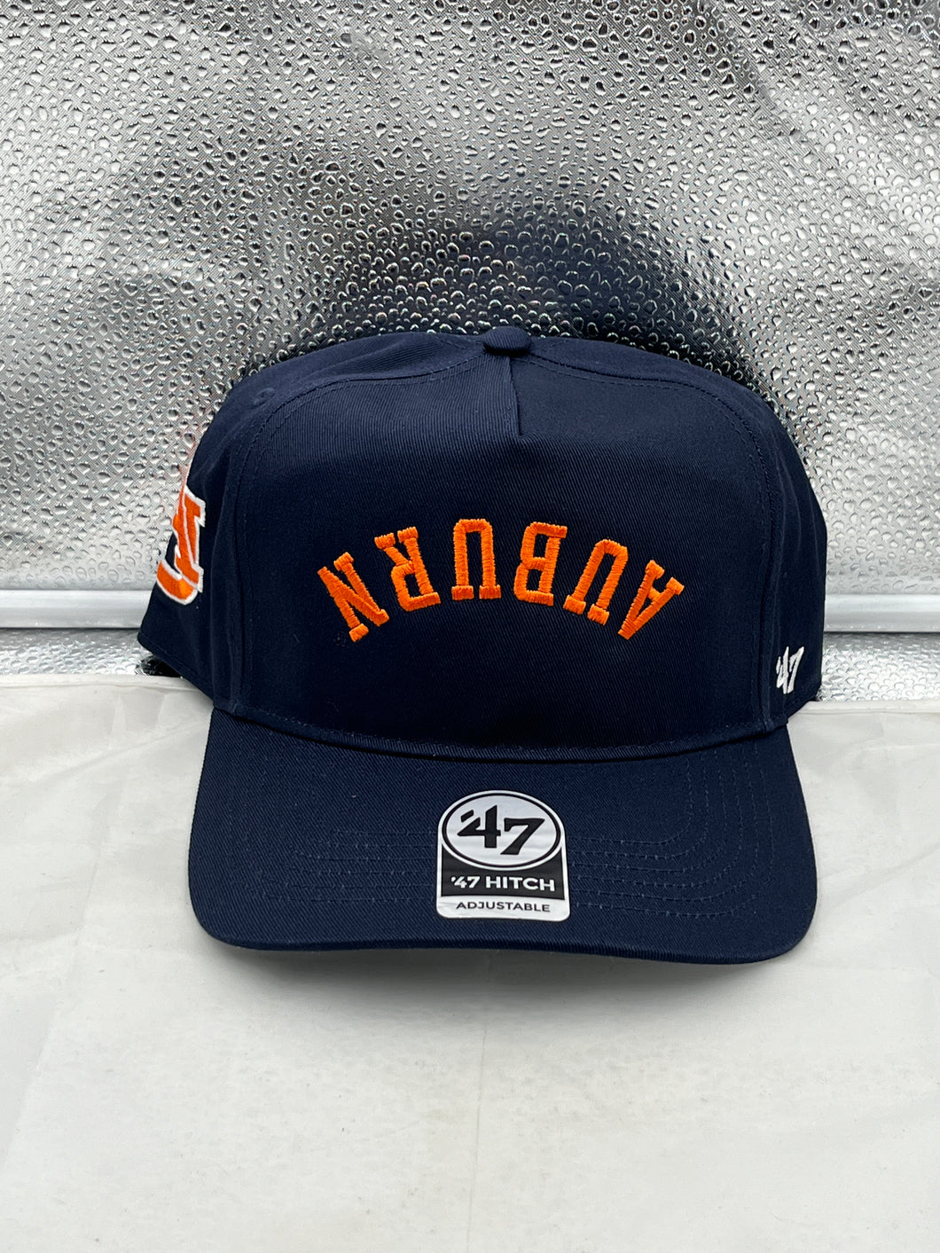 Auburn Tigers NCAA '47 Brand Navy Reversed Hitch Script Adjustable Snapback Hat front view featuring Auburn Tigers logo.